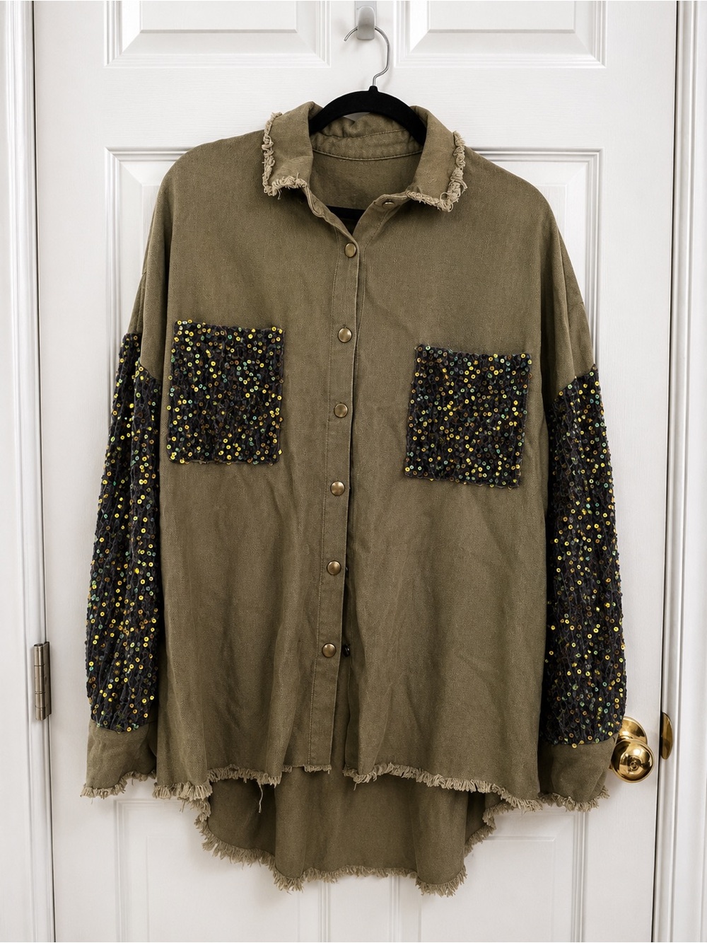 Olive Green Sequin-Pocket Utility Jacket